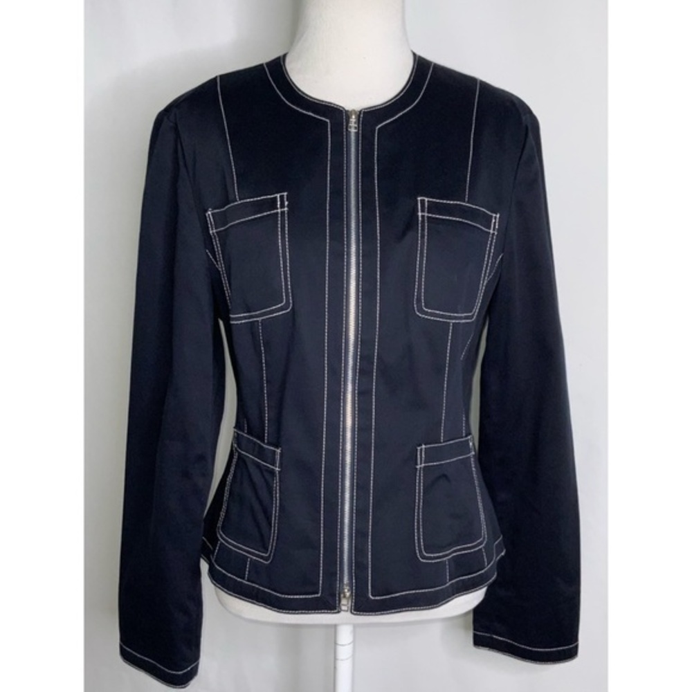 Nine & Company Navy Blue White Stitching No Collar Tailored Sporty Jacket 8